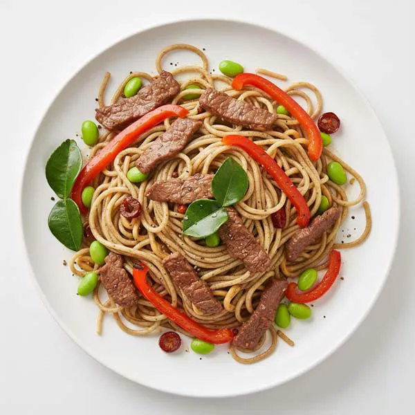 Sichuan Style Beef With Peppers And Kaffir Lime Edemame Noodles